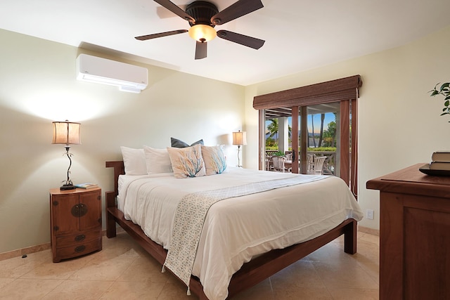 bedroom featuring access to exterior, a ceiling fan, a wall unit AC, and light tile patterned floors