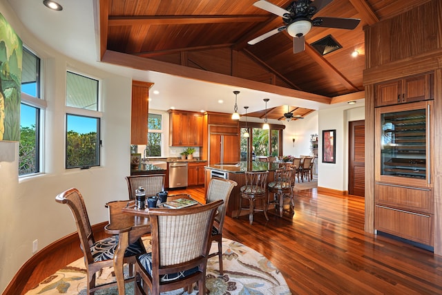 dining room featuring wine cooler, wooden ceiling, and a wealth of natural light