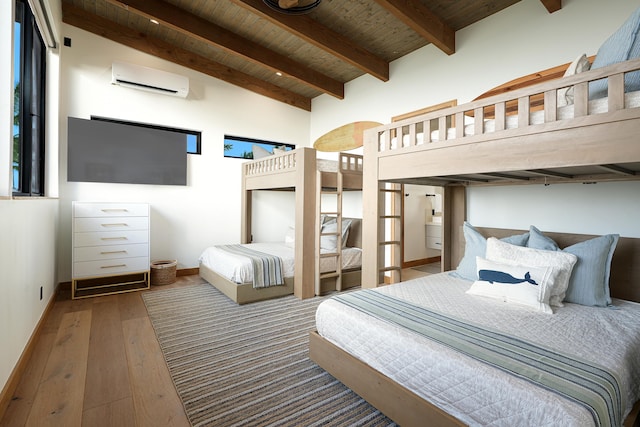 bedroom with a wall mounted air conditioner, lofted ceiling with beams, hardwood / wood-style floors, and wooden ceiling