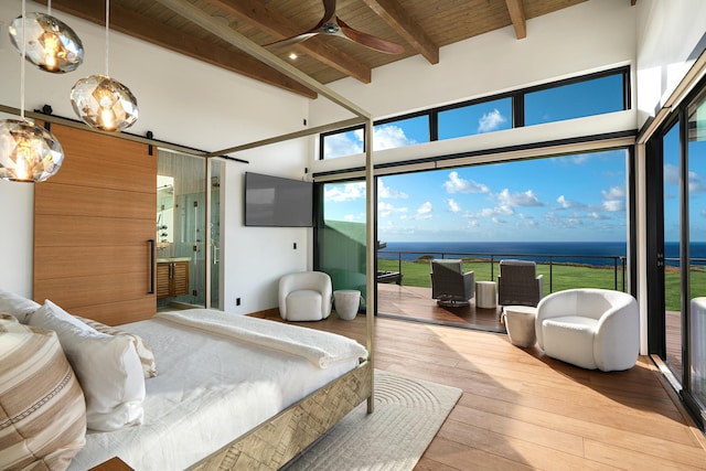 bedroom with hardwood / wood-style flooring, access to exterior, high vaulted ceiling, wooden ceiling, and beamed ceiling