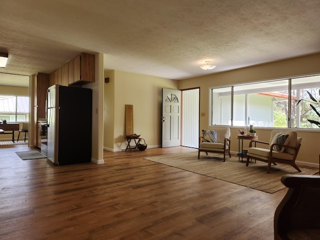 sitting room with dark hardwood / wood-style floors and a textured ceiling