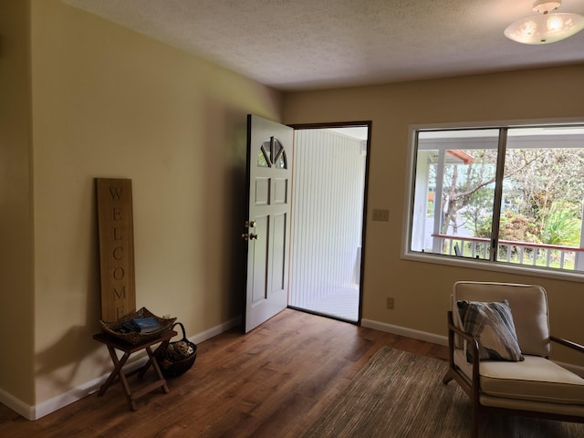 foyer entrance featuring dark hardwood / wood-style flooring and a textured ceiling