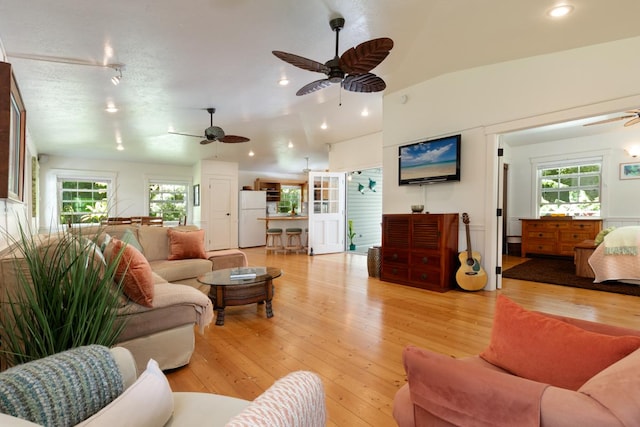 living room with lofted ceiling, ceiling fan, light hardwood / wood-style flooring, and a healthy amount of sunlight