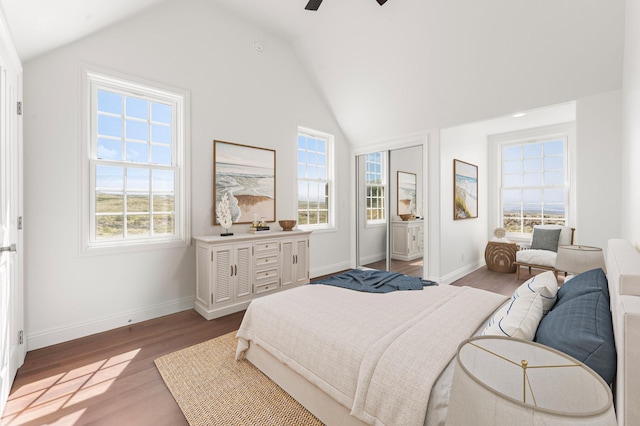 bedroom featuring lofted ceiling, hardwood / wood-style floors, and ceiling fan