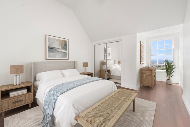 bedroom with dark wood-type flooring, vaulted ceiling, and a closet