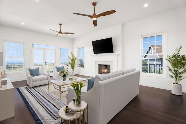 living room featuring ceiling fan, a premium fireplace, dark hardwood / wood-style floors, and a wealth of natural light