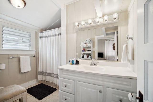 4463 Makaha Rd, Kapaa, HI 96746 - bathroom with lofted ceiling, vanity, curtained shower, and tile patterned floors
