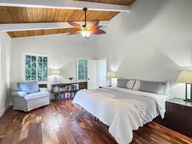 bedroom with wood ceiling, wood-type flooring, lofted ceiling with beams, and multiple windows