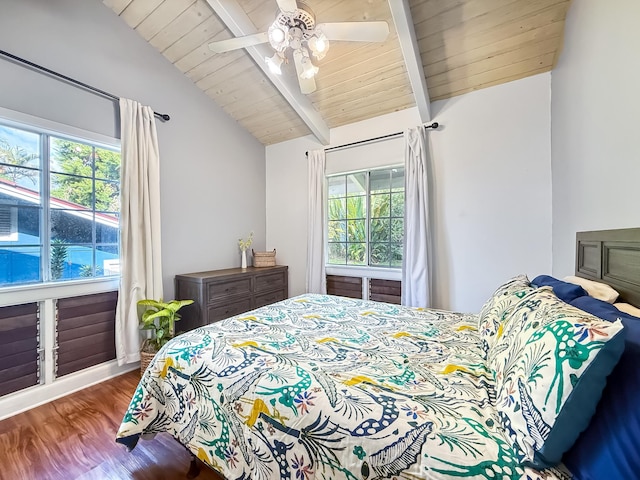 bedroom with wood ceiling, wood-type flooring, multiple windows, and vaulted ceiling with beams