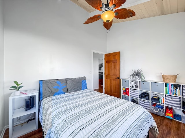 bedroom featuring wood ceiling, dark hardwood / wood-style floors, and ceiling fan