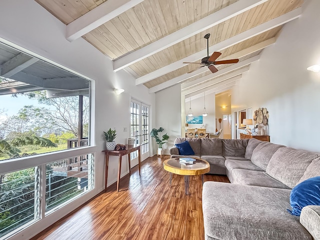 living room with ceiling fan, beam ceiling, high vaulted ceiling, wood-type flooring, and wooden ceiling