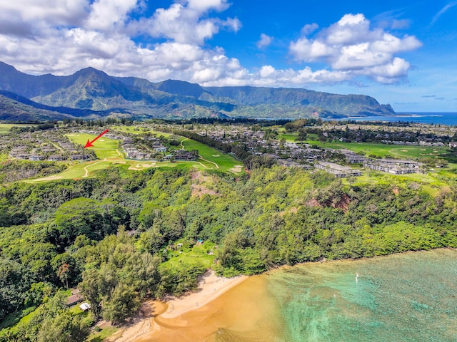 drone / aerial view with a water and mountain view