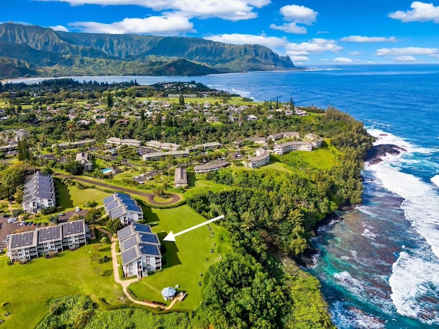 birds eye view of property with a water and mountain view