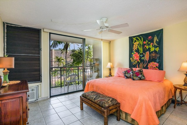 tiled bedroom featuring floor to ceiling windows, ceiling fan, access to exterior, and a textured ceiling