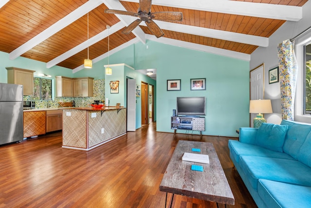 living area with high vaulted ceiling, beam ceiling, wooden ceiling, and dark wood finished floors