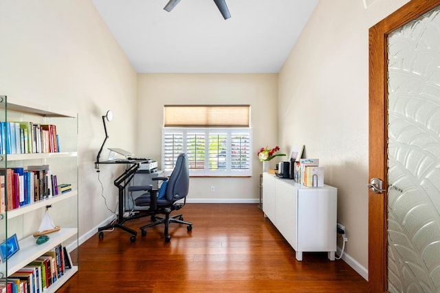 office space featuring ceiling fan and dark hardwood / wood-style flooring