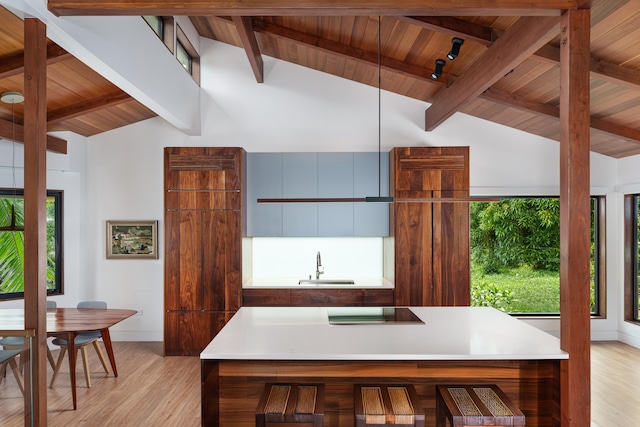 kitchen with sink, a wealth of natural light, lofted ceiling with beams, and light wood-type flooring