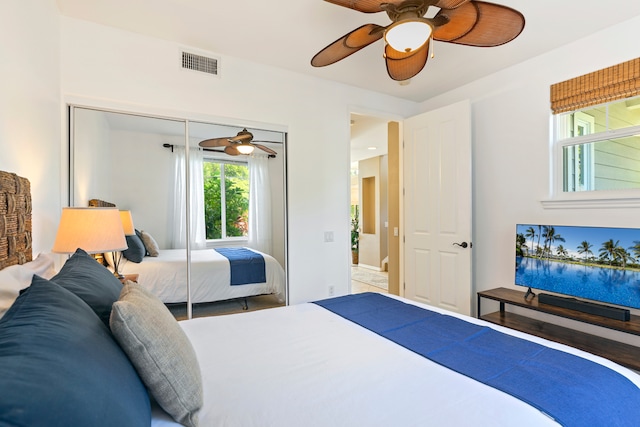 bedroom featuring ceiling fan and a closet