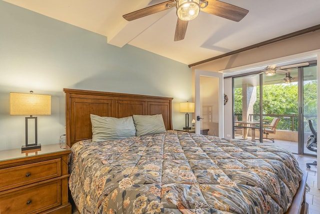 bedroom with vaulted ceiling with beams, access to exterior, and ceiling fan