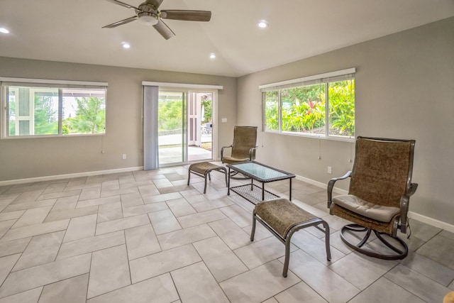 living area with vaulted ceiling, recessed lighting, a ceiling fan, and baseboards