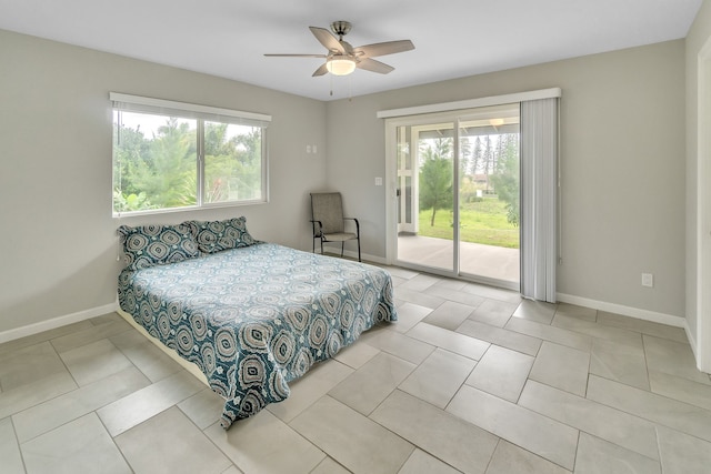 bedroom featuring access to exterior, ceiling fan, baseboards, and light tile patterned flooring