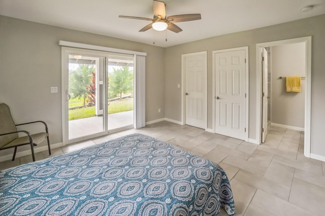 bedroom with light tile patterned floors, access to outside, ceiling fan, and baseboards