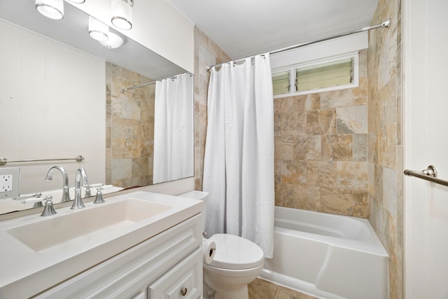 full bathroom with shower / bath combination with curtain, tile patterned floors, vanity, and toilet