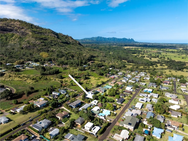 drone / aerial view featuring a mountain view