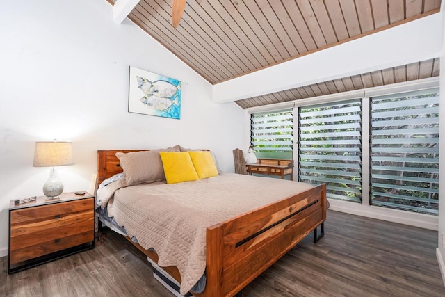 bedroom with dark wood-type flooring, lofted ceiling with beams, and wooden ceiling