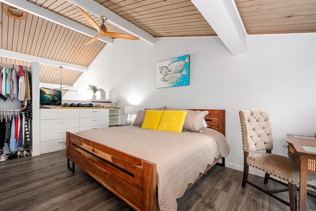 bedroom with ceiling fan, vaulted ceiling with beams, wood ceiling, and dark hardwood / wood-style flooring