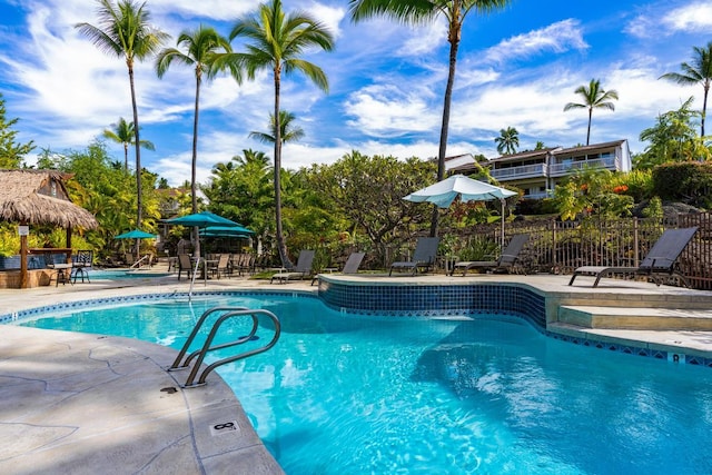 view of swimming pool with a patio