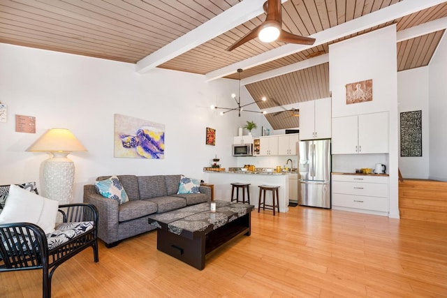 living room featuring beam ceiling, high vaulted ceiling, ceiling fan with notable chandelier, wooden ceiling, and light wood-type flooring