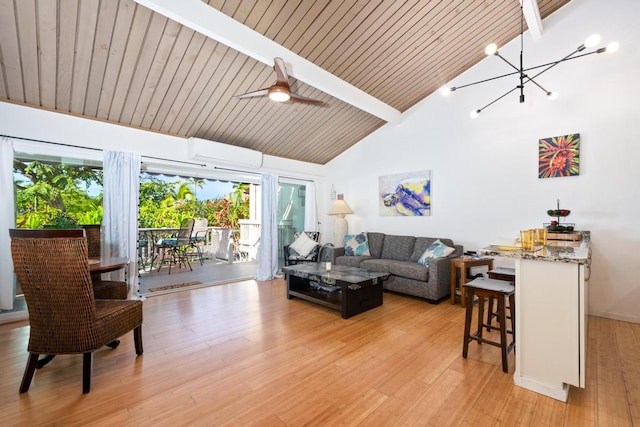 living room with high vaulted ceiling, wooden ceiling, light hardwood / wood-style floors, beamed ceiling, and ceiling fan with notable chandelier