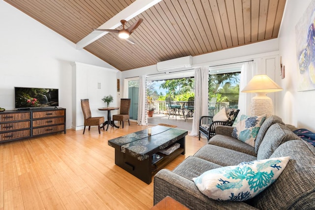 living room featuring hardwood / wood-style flooring, ceiling fan, beam ceiling, a wall mounted AC, and wooden ceiling