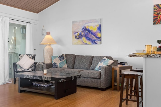 living room featuring wood-type flooring and vaulted ceiling