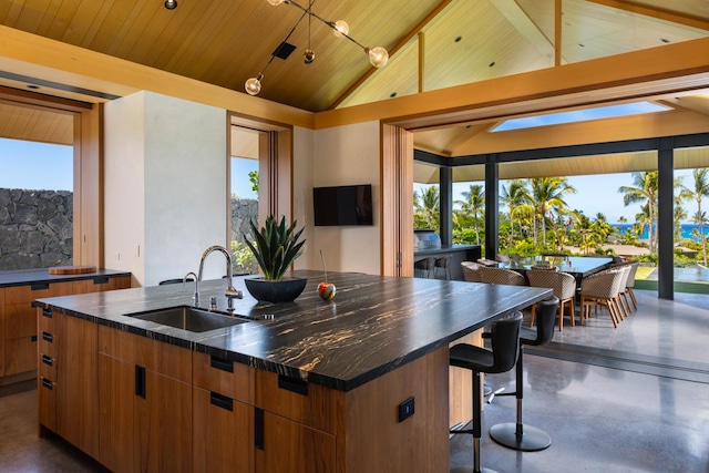 kitchen featuring an island with sink, lofted ceiling, sink, and a wealth of natural light