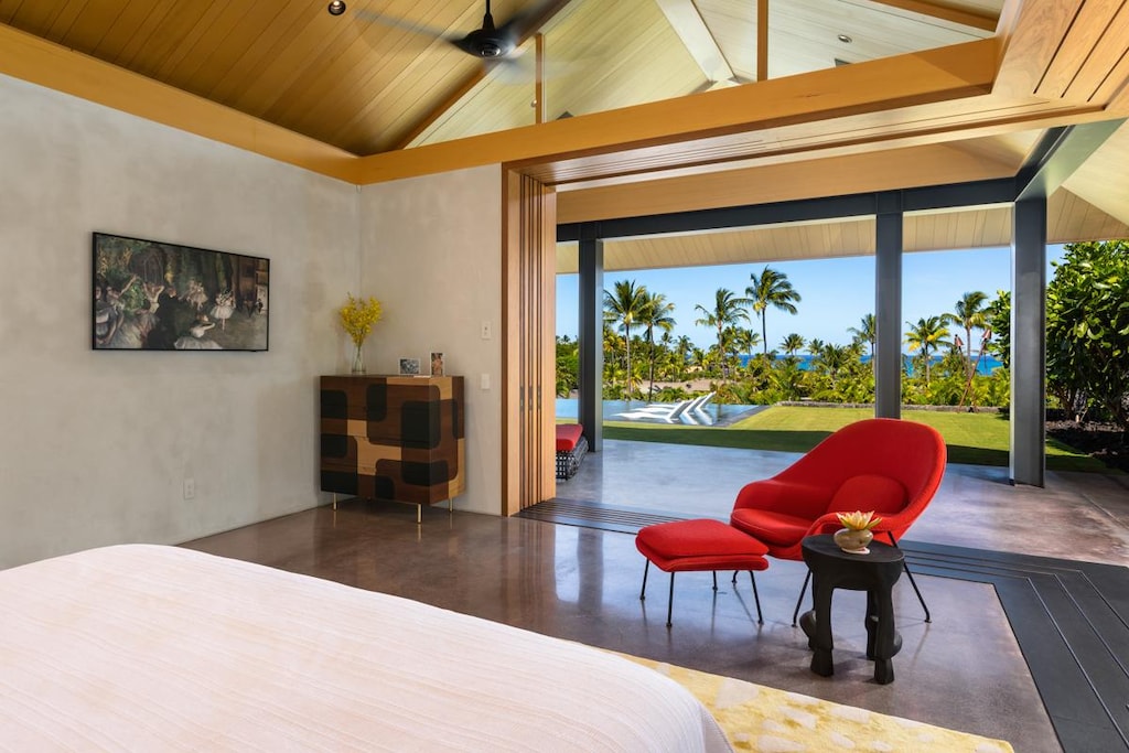 bedroom with vaulted ceiling, access to exterior, wood ceiling, and a wall of windows