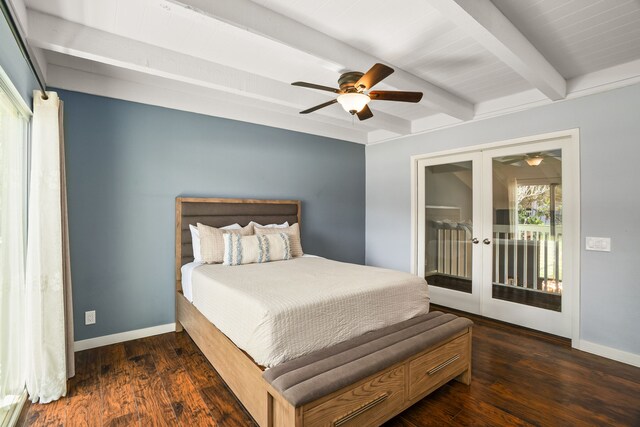 bedroom featuring beam ceiling, access to outside, french doors, baseboards, and dark wood-style flooring