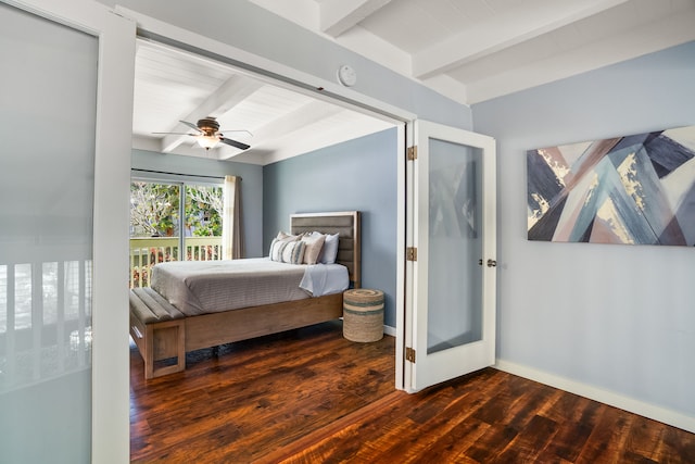 bedroom with dark wood-style floors, beam ceiling, a ceiling fan, and baseboards