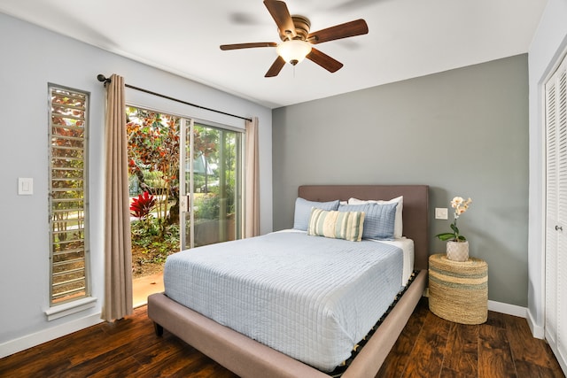 bedroom featuring a ceiling fan, wood finished floors, baseboards, a closet, and access to outside