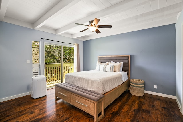 bedroom featuring beamed ceiling, access to outside, wood finished floors, and baseboards