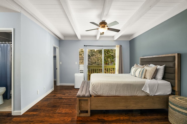 bedroom featuring beam ceiling, access to exterior, wood finished floors, baseboards, and ceiling fan