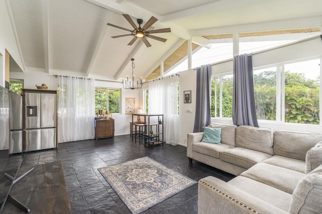 living room with vaulted ceiling with beams and ceiling fan with notable chandelier