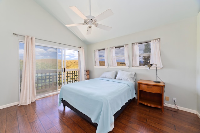 bedroom with lofted ceiling, access to exterior, dark wood-type flooring, and ceiling fan