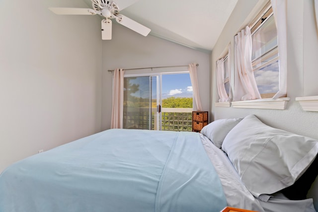 bedroom featuring access to outside, ceiling fan, and vaulted ceiling