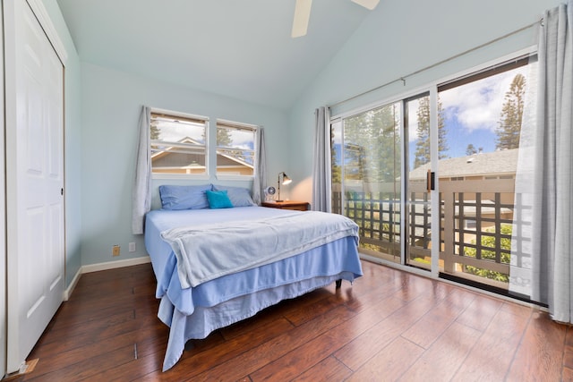 bedroom with dark wood-type flooring, ceiling fan, vaulted ceiling, and access to outside