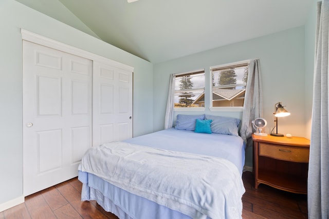 bedroom with lofted ceiling, wood-type flooring, and a closet