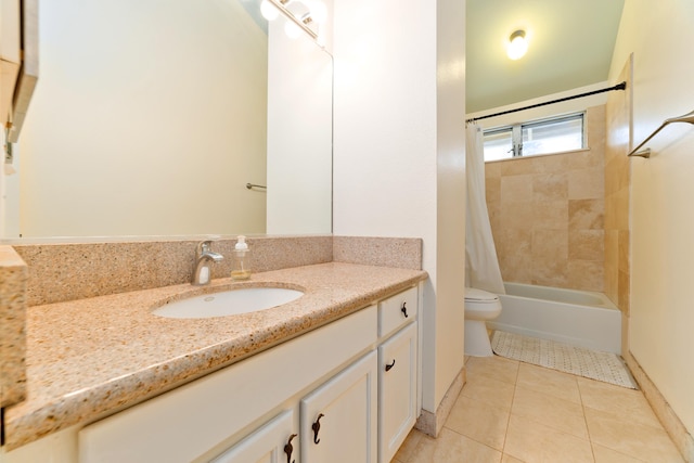 full bathroom with shower / tub combo with curtain, vanity, toilet, and tile patterned flooring