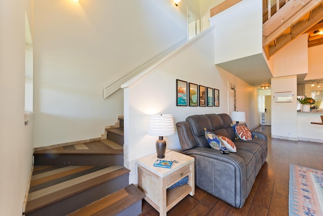 living room with a towering ceiling and dark hardwood / wood-style floors