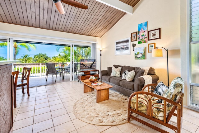 living room featuring ceiling fan, beam ceiling, high vaulted ceiling, light tile patterned flooring, and wooden ceiling